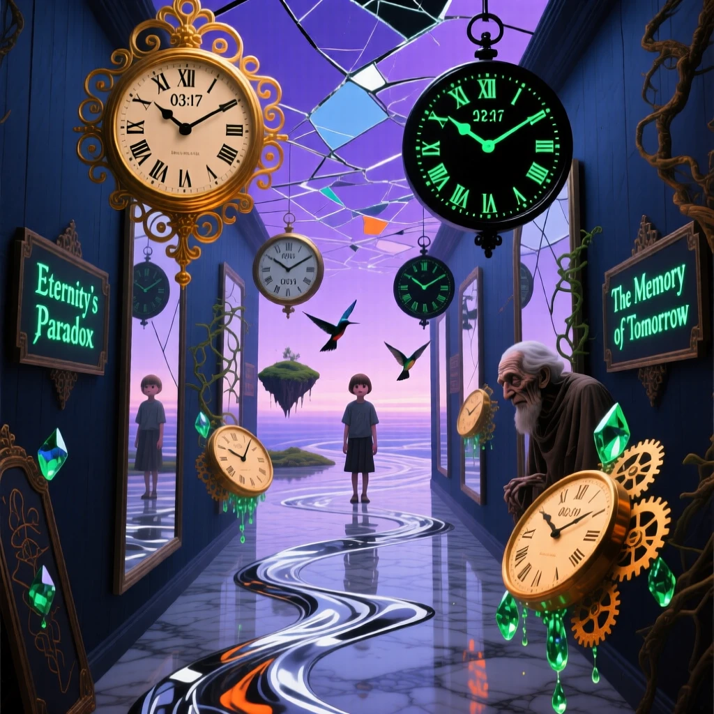 A mirror hallway where every reflection ages differently stretches into a horizon that never quite arrives, as every clock within view shows a different, ticking hour.