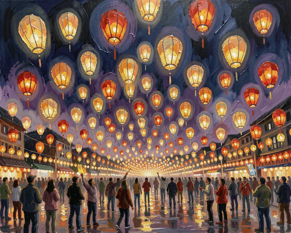 A dazzling Lantern Festival in Taiwan fills the sky with thousands of glowing paper lanterns released simultaneously into the night, the scene capturing a fleeting, candid moment within a larger ongoing celebration.
