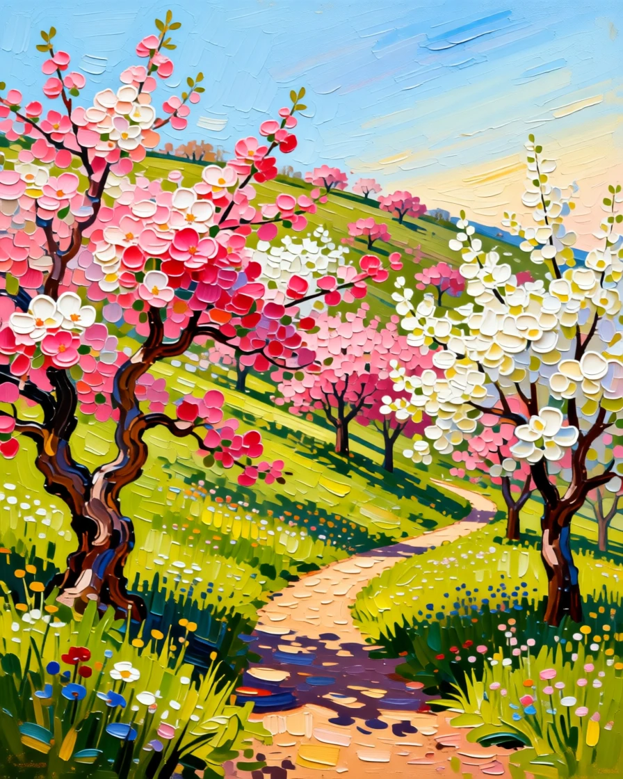 A hillside orchard in full pink and white blossom beneath a clear spring sky