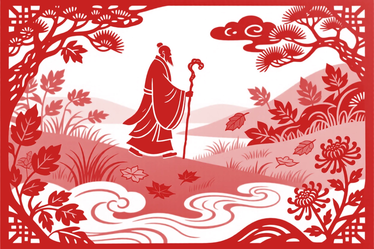 A composition of a scholar with a walking staff across a golden autumn valley, clouds pooling in the valley like a sea.