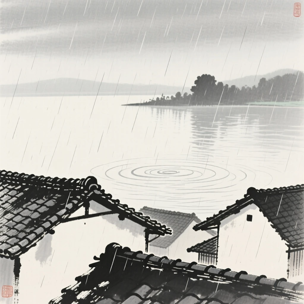 A summer rain shower over a quiet village rooftop along the shore of a calm lake, framed to capture both intimate detail and the wider atmosphere, conveying cozy stillness and seasonal wonder.