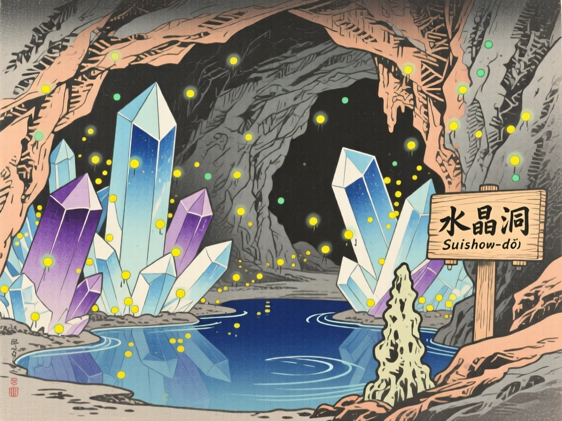 A crystal cave lit by thousands of tiny lights, deep within a hidden mountain.