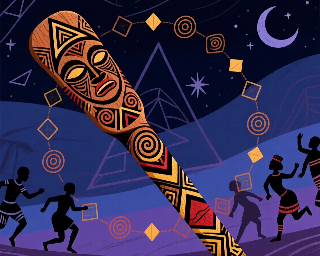 An engraved ceremonial staff used in a nighttime ceremonial dance.