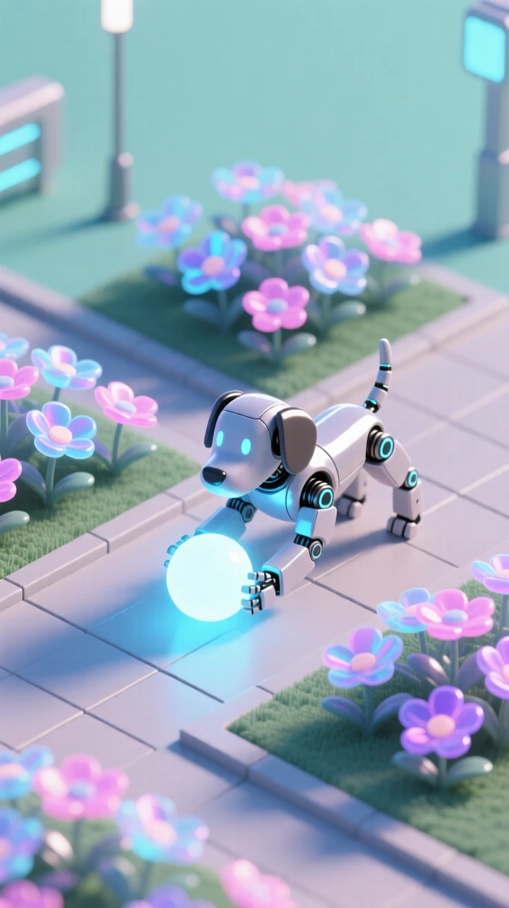 A robotic dog fetching a ball made of light in a futuristic park filled with holographic flowers.