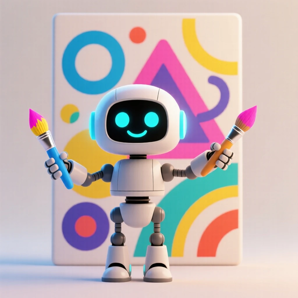 A cheerful robot artist paints a colorful mural using mechanical arms tipped with glowing brushes.
