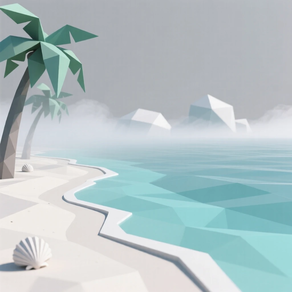 A tropical beach with turquoise water and white sand, with mist rolling gently across the ground. the horizon line anchors a balanced composition. The mood is dreamy and otherworldly.