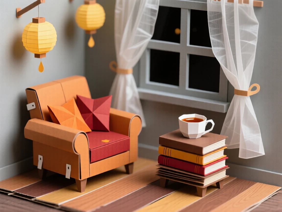 A cozy autumn evening reading corner framed by gentle falling rain, with sheer curtains fluttering in the breeze, evoking cozy domestic warmth.