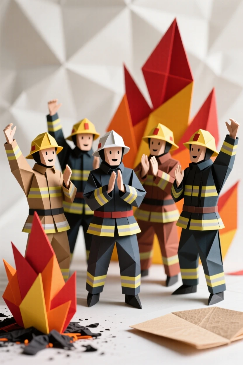 A team of firefighters cheering together after safely extinguishing a difficult blaze.