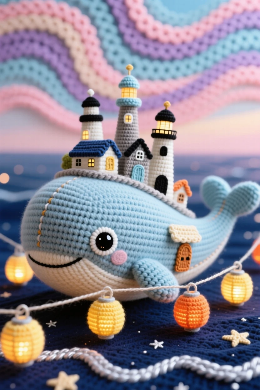 a miniature city built on the back of a gentle whale, with tiny lighthouses and towers, is shown swimming slowly through a starlit ocean, beneath a swirling pastel sky, surrounded by a cluster of miniature glowing lanterns, radiating a dreamlike, storybook charm.