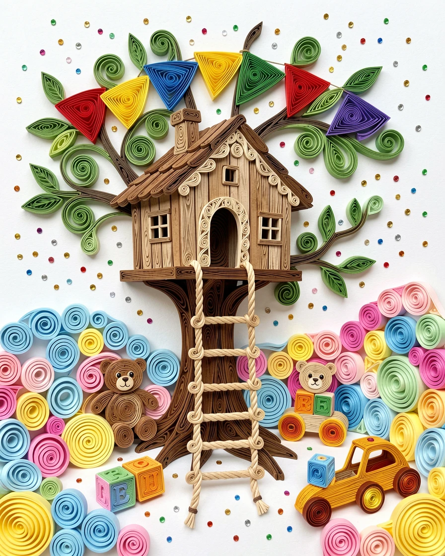a treehouse with a rope ladder and colorful flags, in a colorful playroom filled with toys, composed with playful, bouncy rounded shapes throughout, with confetti-like sparkles throughout the scene.