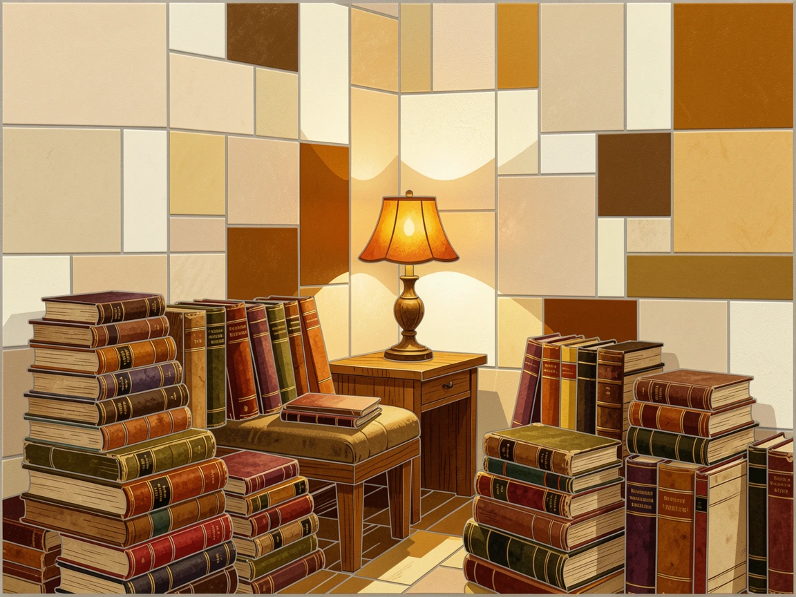 A cozy bookstore corner with stacks of old books and warm lamp light, with soft warm lighting and an inviting, peaceful atmosphere.