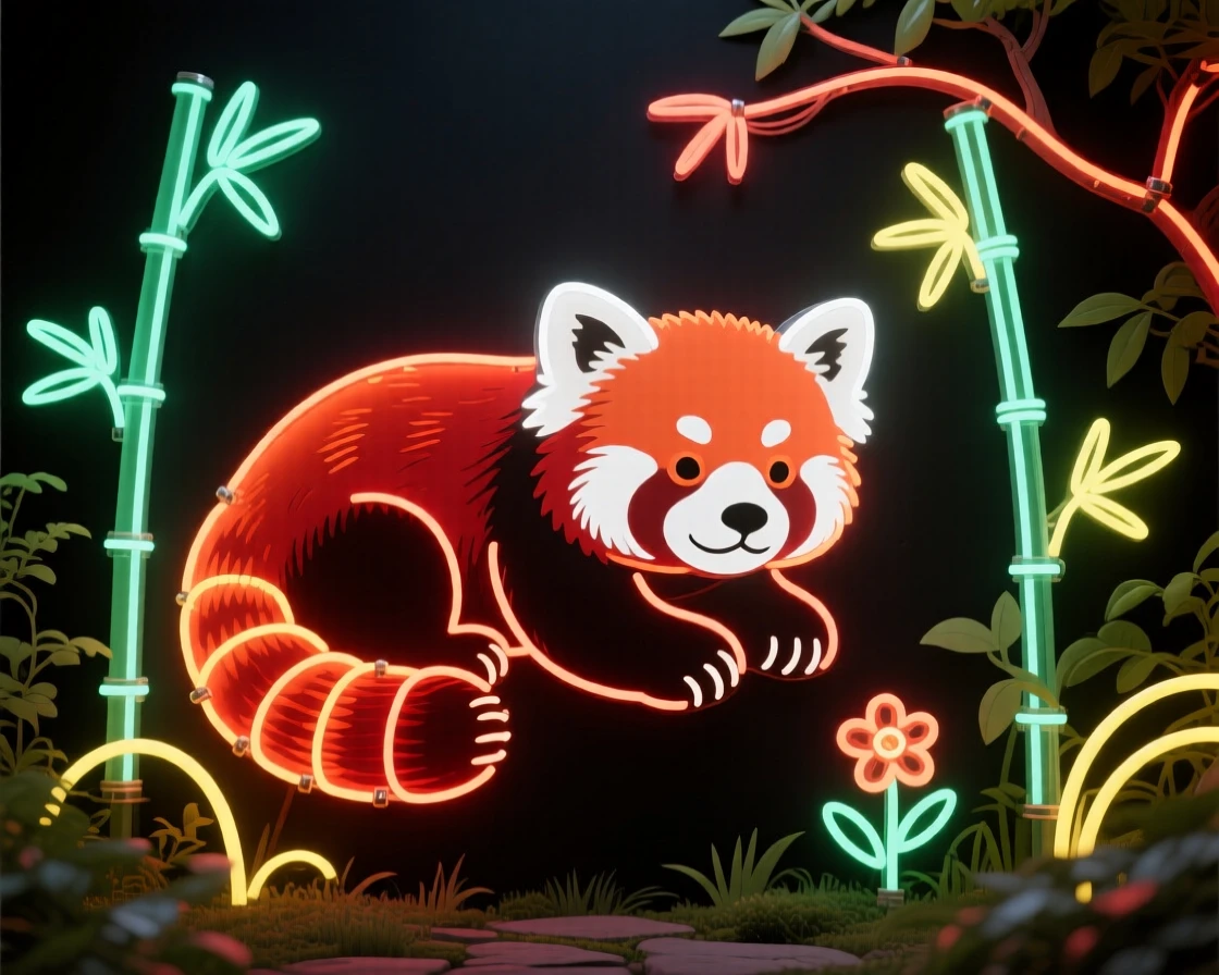 a baby red panda in a quiet backyard garden.