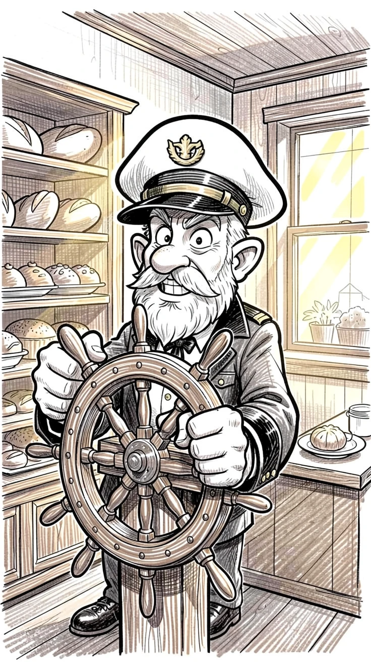 A ship captain steering through calm waters in a warm neighborhood bakery.