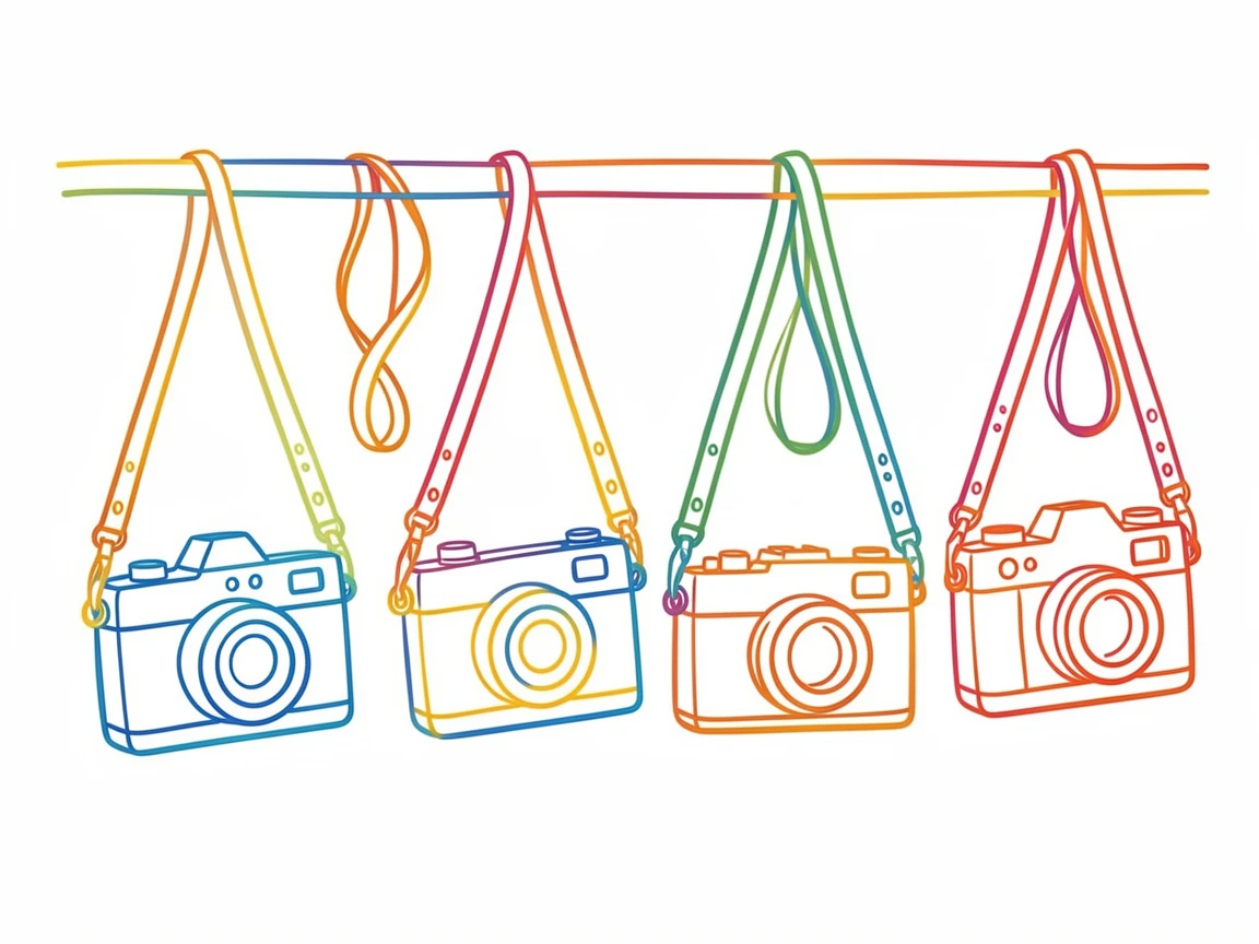 A row of vintage cameras with leather straps hanging on a wall.