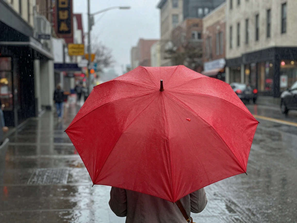 A single red umbrella standing out against a gray rainy street