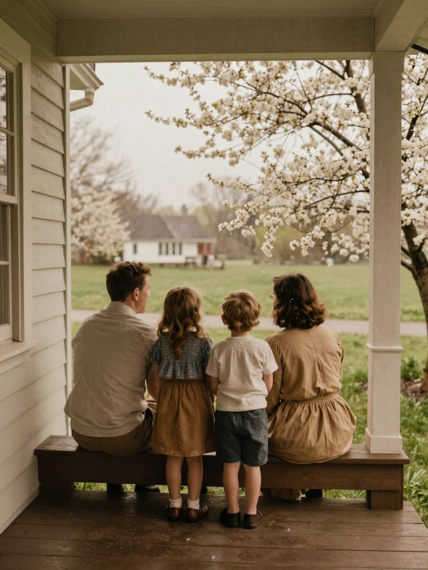 A large family posing on the porch steps of a farmhouse, in soft window light, under a light drizzle, as spring blossoms unfurl, in warm honey and cream tones, from behind, looking toward the horizon.