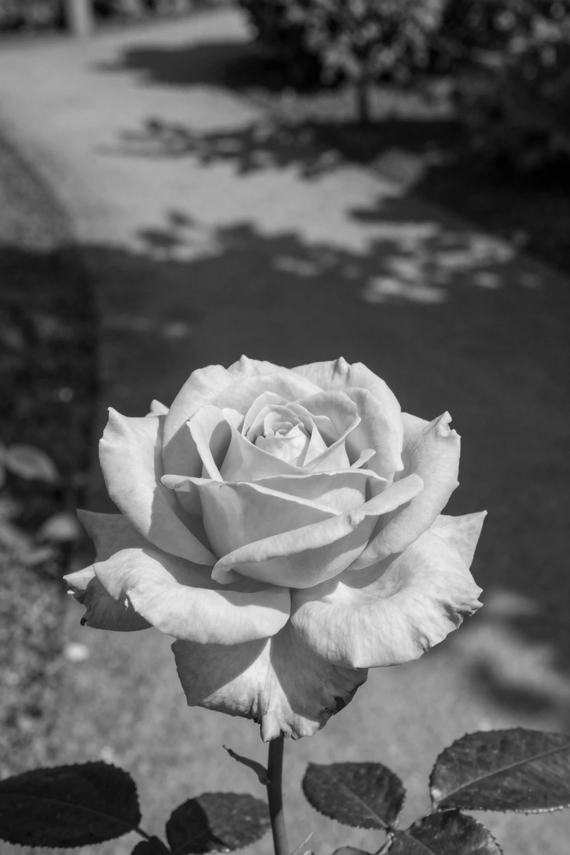 A blooming rose unfurls its delicate petals one by one beside a sunlit garden path.