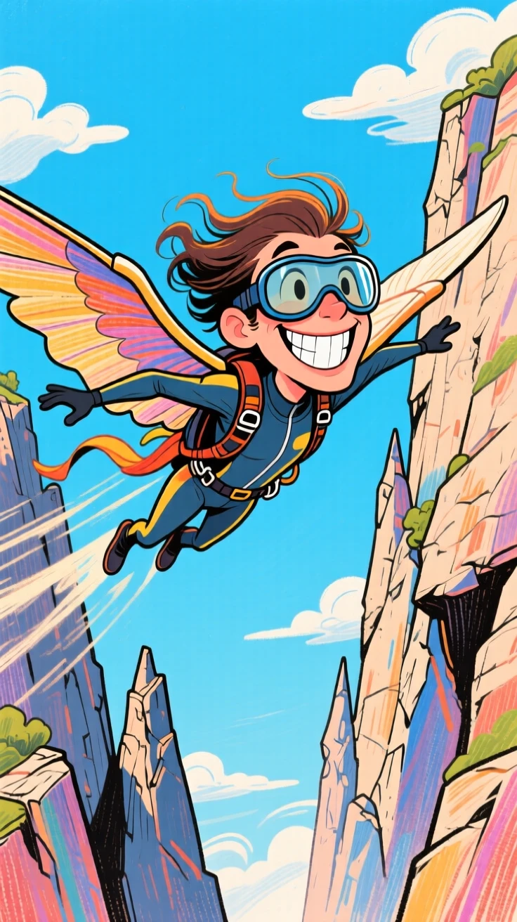 A daring wing-suit flyer soaring gracefully between two towering cliffs.