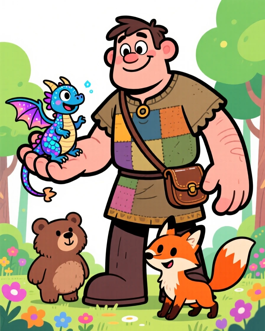 An imaginative fantasy scene of a friendly giant befriending an unlikely magical creature, with a loyal companion creature close behind.