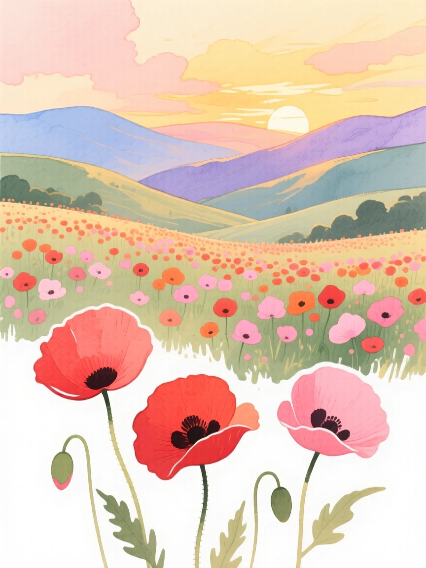 A serene landscape of a valley of blooming poppies stretching to distant hills at golden sunset