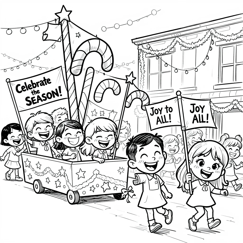 [Seasonal Holidays & Celebrations] Festive scene of a joyful school class parading with festive floats and banners, full of celebration and joy