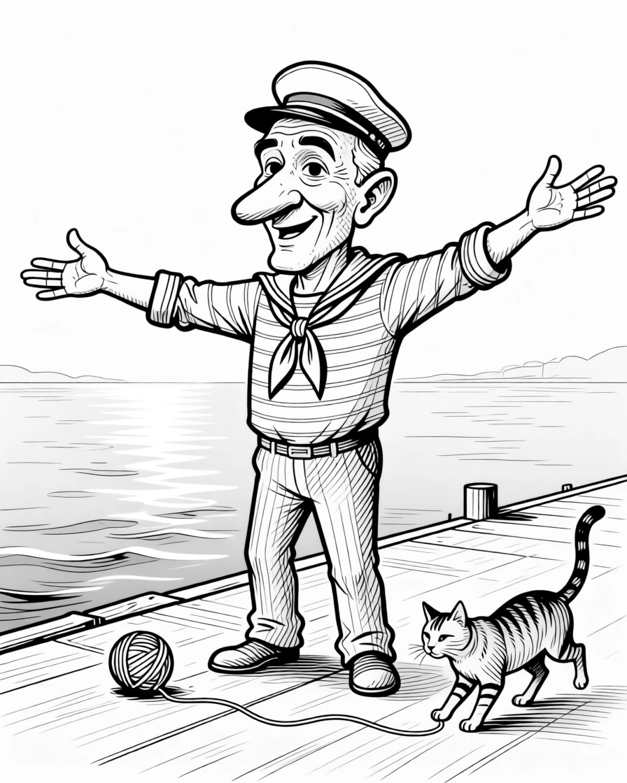 An old sailor recounting a wild tale with sweeping gestures, throwing both arms wide to act out the biggest wave, set on a quiet riverside dock at dawn. A ball of yarn rolls gently as the cat shifts. The scene radiates hard-won wisdom shared with love.