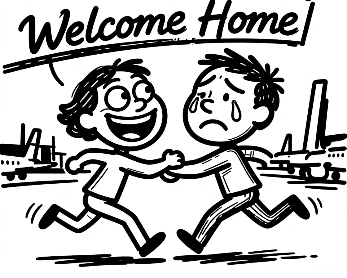 A long-distance reunion at an airport, running into each other's arms after months apart.