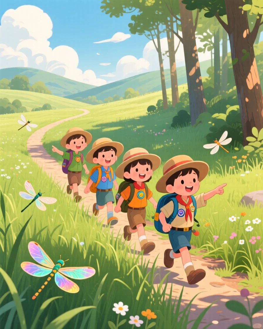 In a winding forest path, an adventurous scout troop is wading through tall grass chasing dragonflies, as clouds cast slow shadows across the hills.