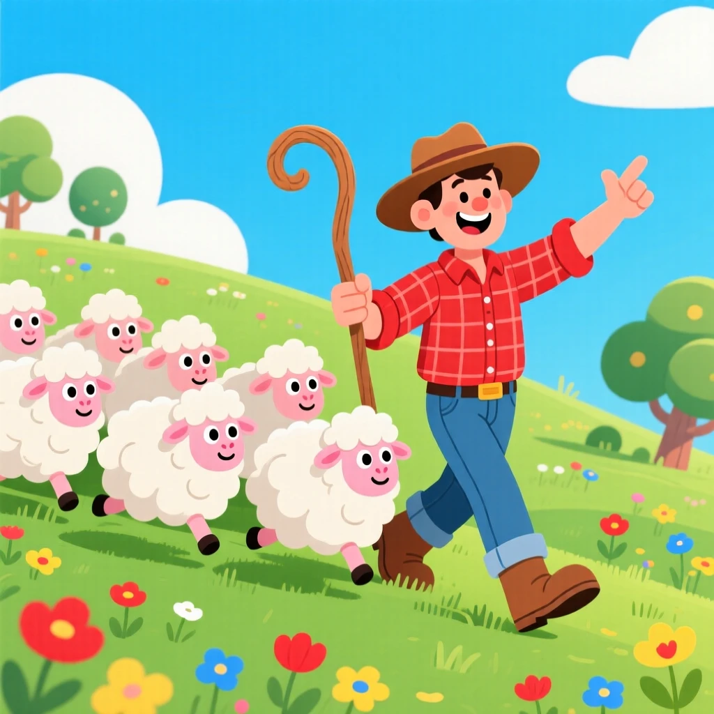 A shepherd guiding a flock of sheep across a green hillside.