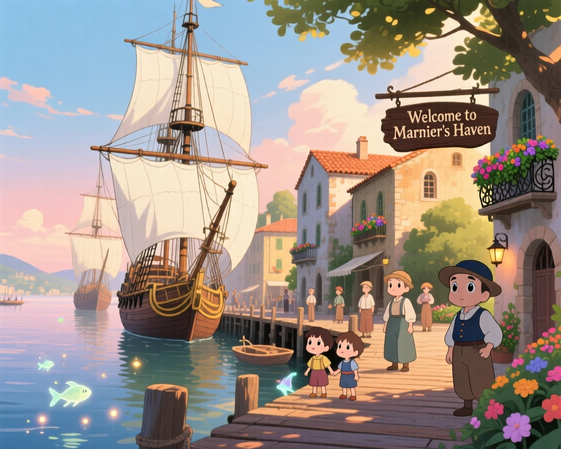 A scenic view of a historic harbor town with tall ships docked at the pier, with terracotta rooftops catching the afternoon light.