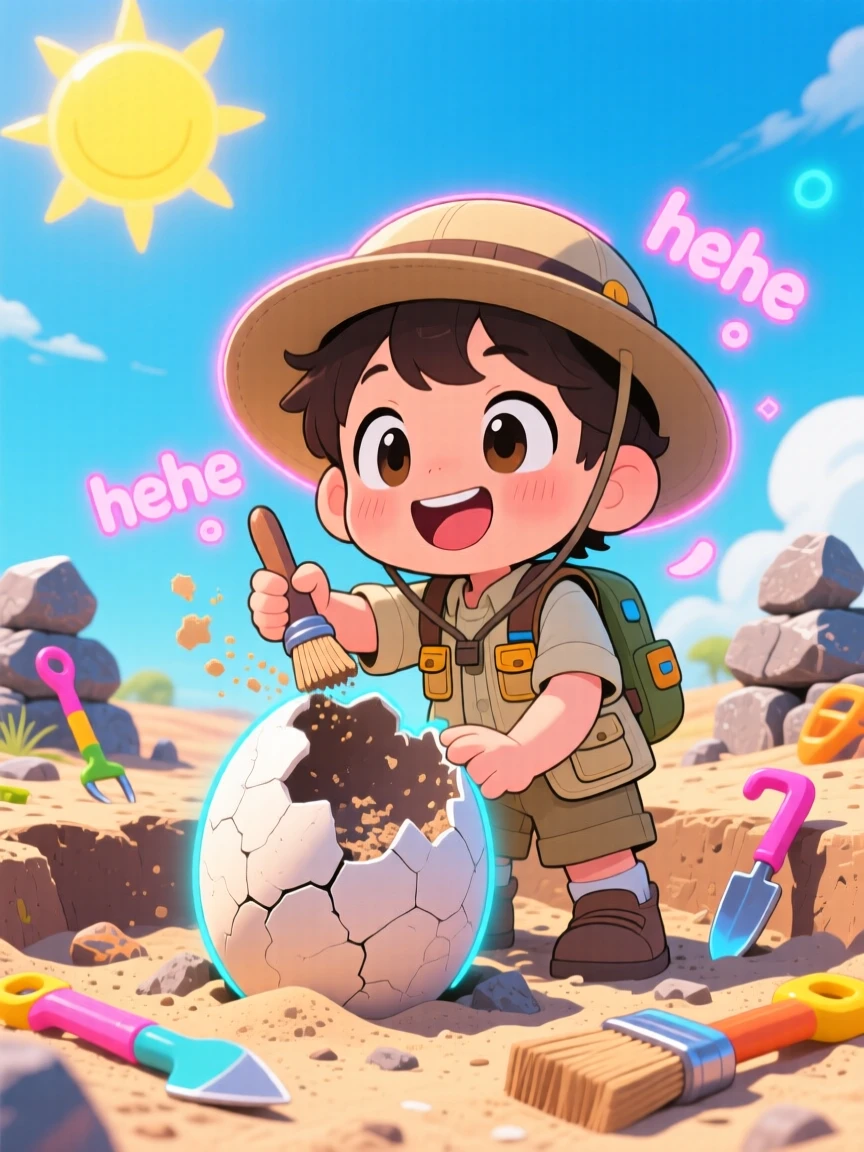 Low-angle shot looking up: a small child paleontologist, brushing dust off a dinosaur egg fossil, set against a sunny excavation site under a clear summer sky, with neon-lit glow and a mood of giggling amusement.