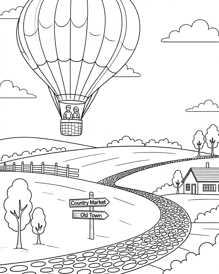 A hot air balloon drifting above rolling countryside hills, with cobblestone streets stretching into the distance.