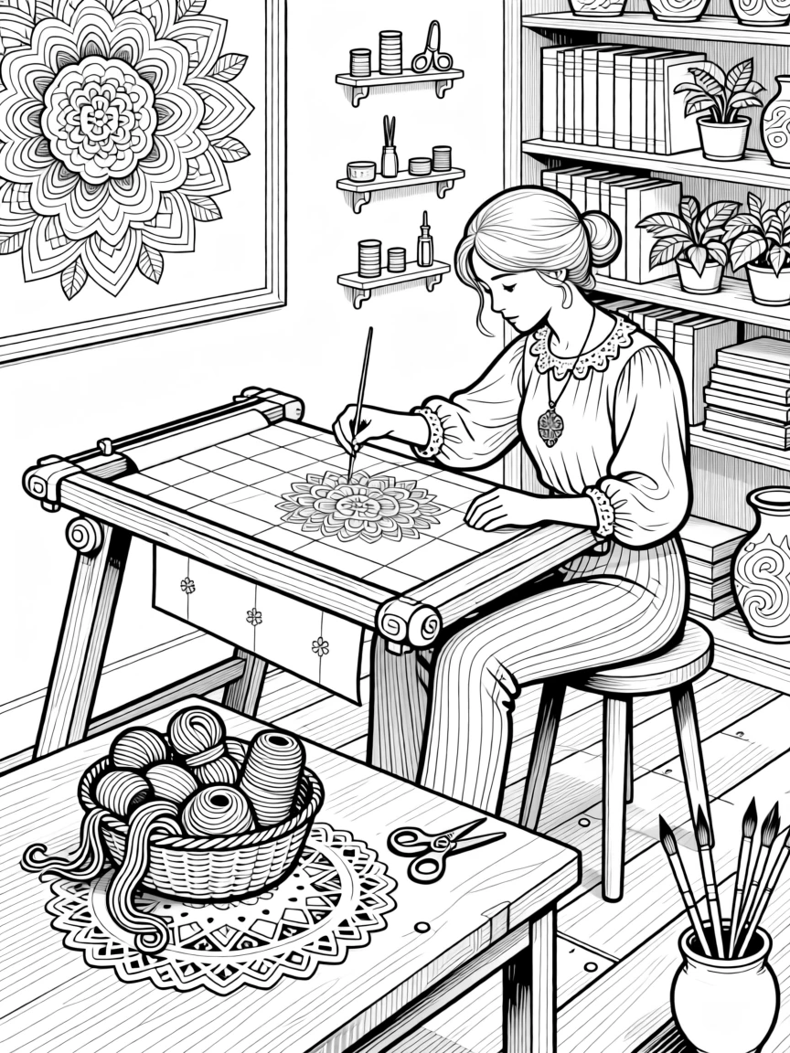 A silk embroidery artist at a wooden frame.