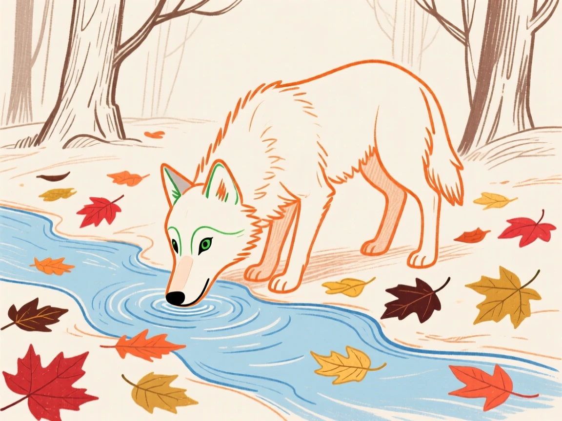 A young wolf drinking from a stream among autumn leaves on a quiet summer afternoon.