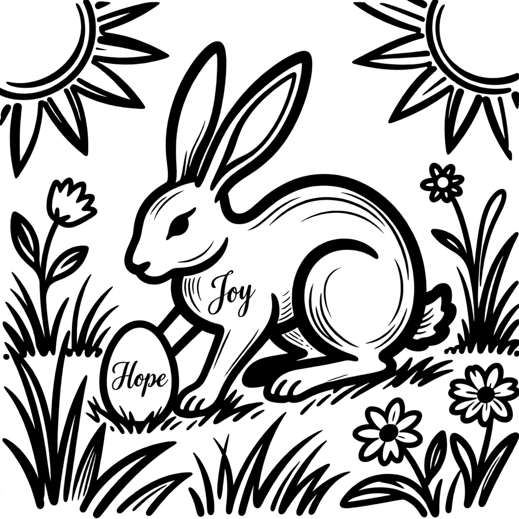 An Easter bunny hiding colorful eggs in a sunlit garden.