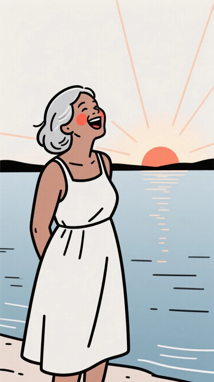 A silver-haired woman of Cuban heritage in a casual sundress, bursting with excitement, beside a calm lake at sunrise.