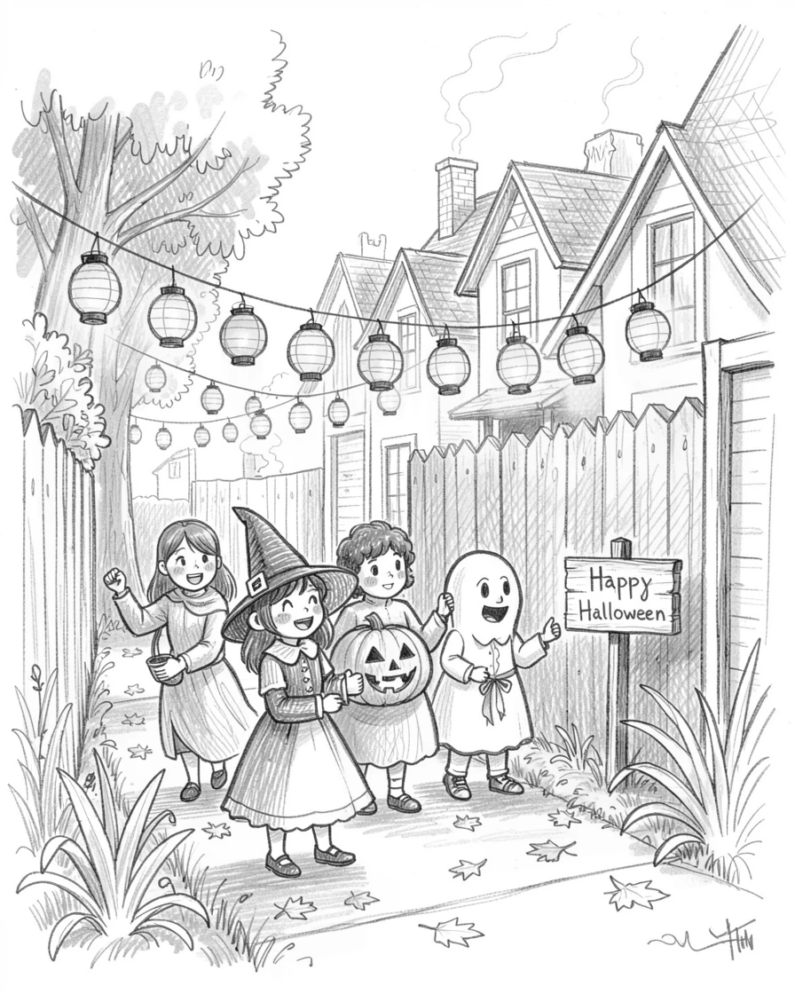 Children trick-or-treating on a lantern-lit street, in a warmly lit backyard, with an atmosphere of celebration and togetherness.
