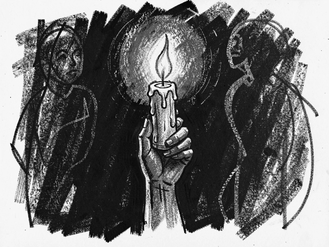 A single candle held aloft in a sea of darkness, as laughter fills the air around them.