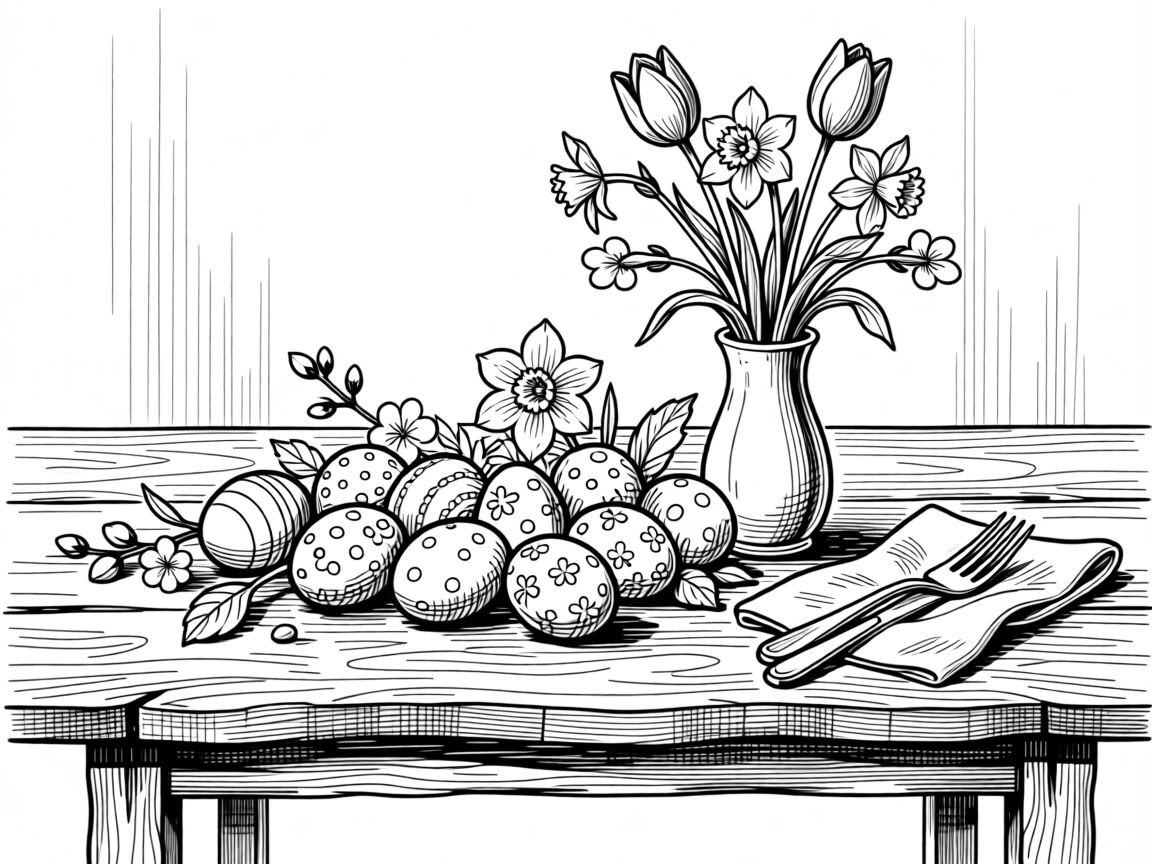 A beautifully decorated Easter table set with pastel eggs and spring flowers.