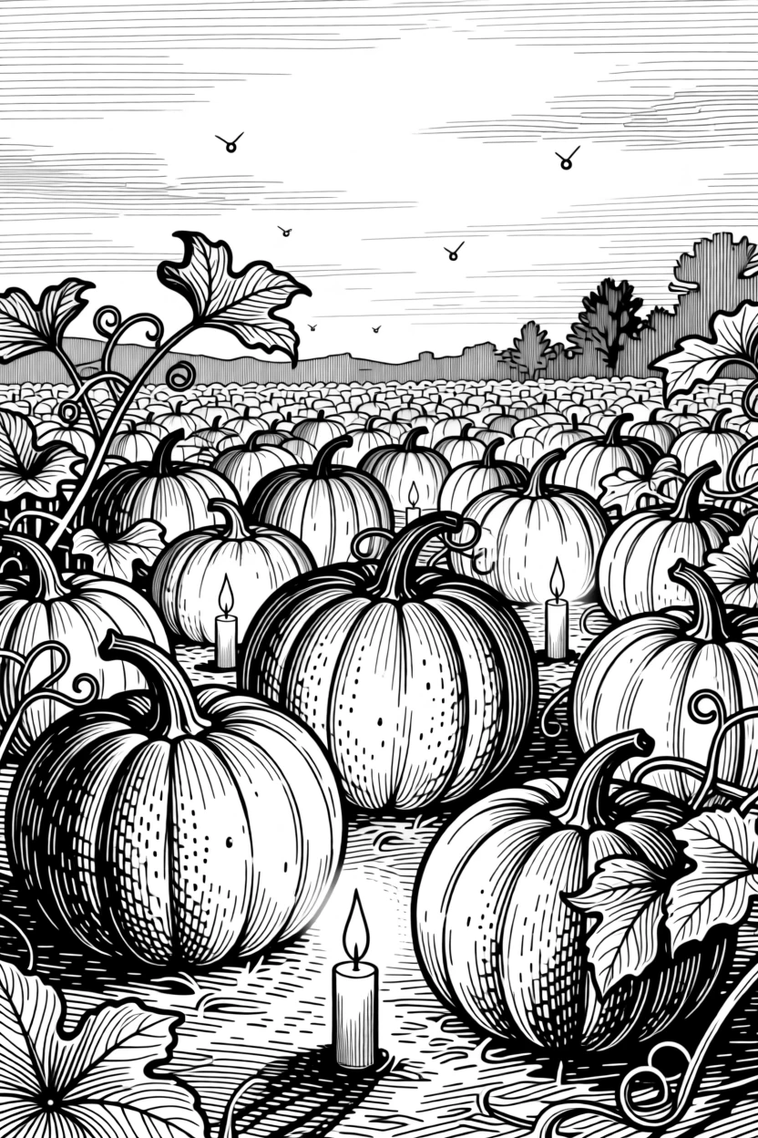A pumpkin patch under a golden autumn sky as fireflies begin to appear at dusk, with candles flickering gently in the breeze, capturing a warmly festive seasonal moment.