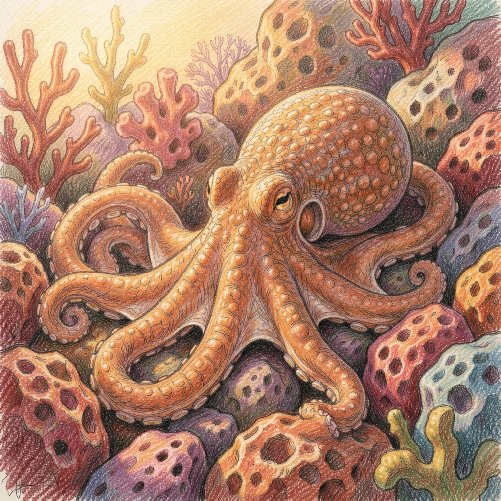 An octopus camouflaged among colorful reef rocks, bathed in the warm glow of golden-hour light, full of charm, emotion, and visual delight.