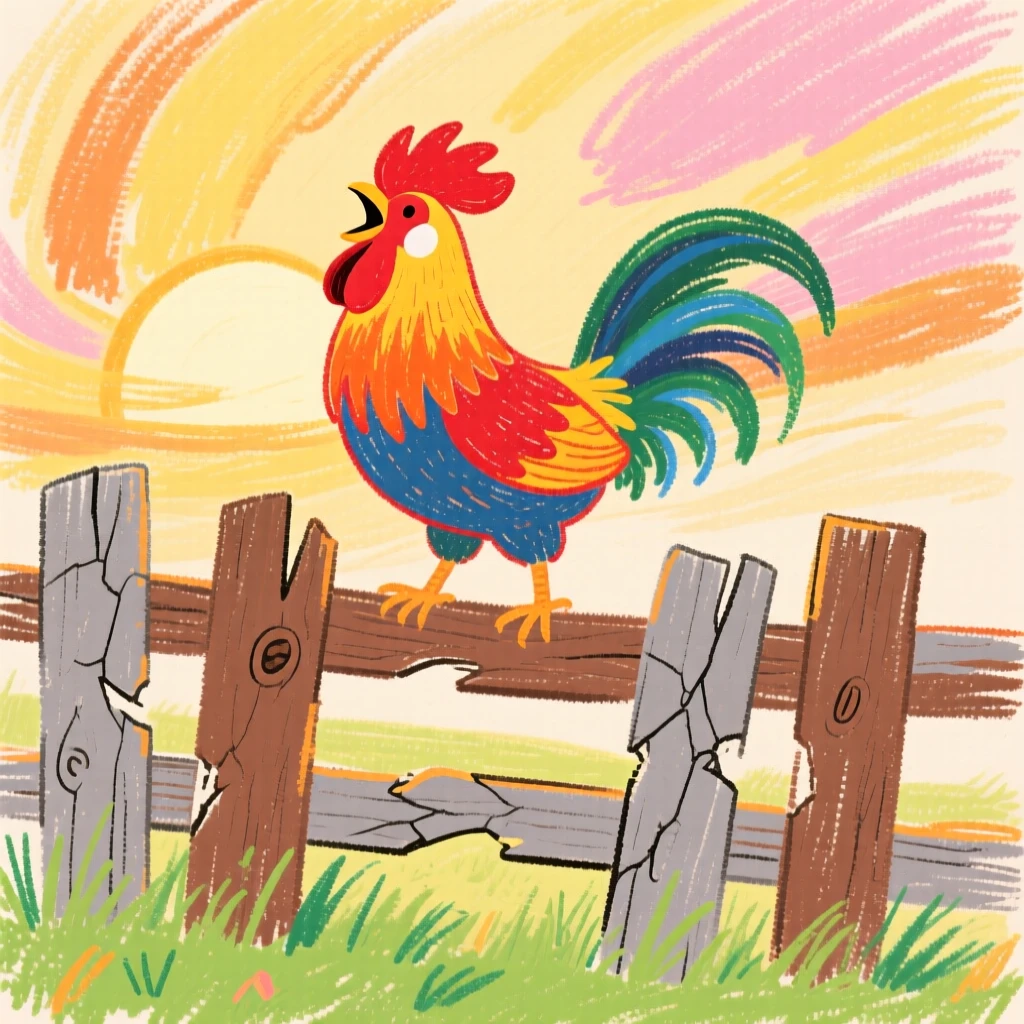 A rooster crowing atop a weathered wooden fence at sunrise.