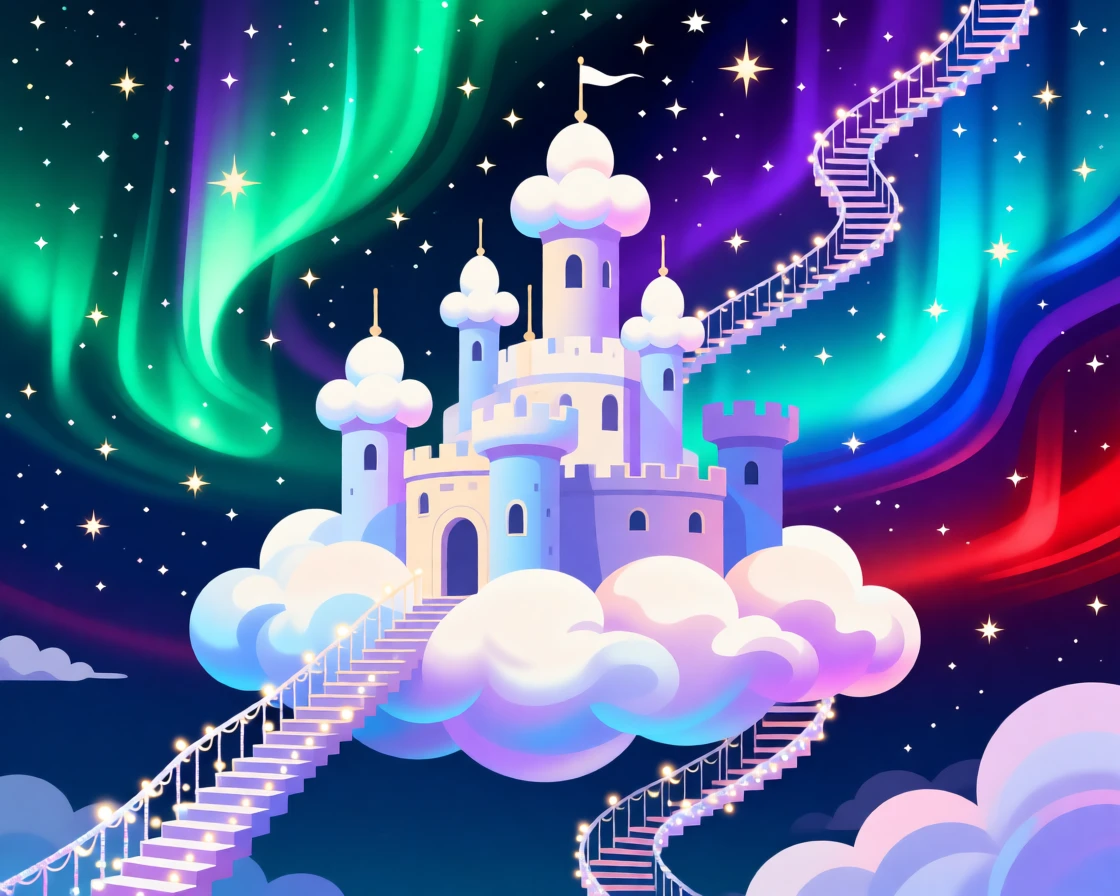 A whimsical cloud castle with staircases leading into the stars, set against a backdrop of glowing aurora colors, composed with a fairy-tale storybook quality, with rich jewel tones that evoke wonder and imagination.