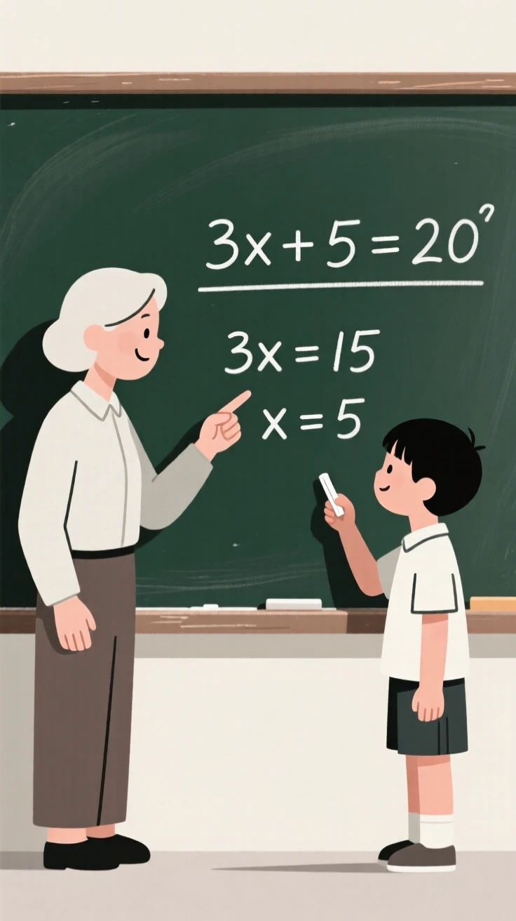 A teacher helping a student solve a math problem on a chalkboard.