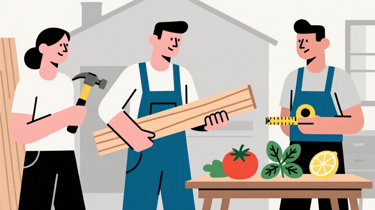 A carpenter collaborating with colleagues in a home studio, near fresh ingredients, full of focused determination.
