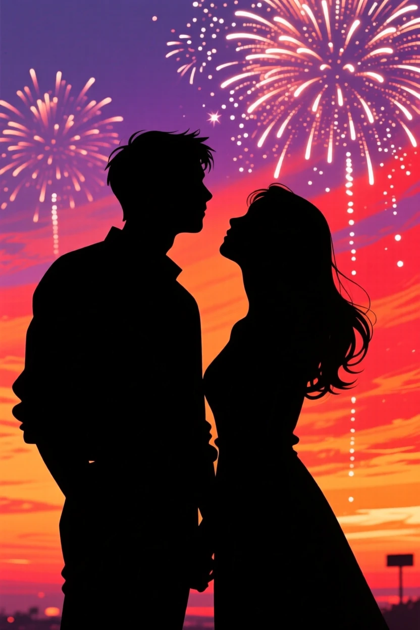 A couple watching fireworks together, faces lit up in the glow.
