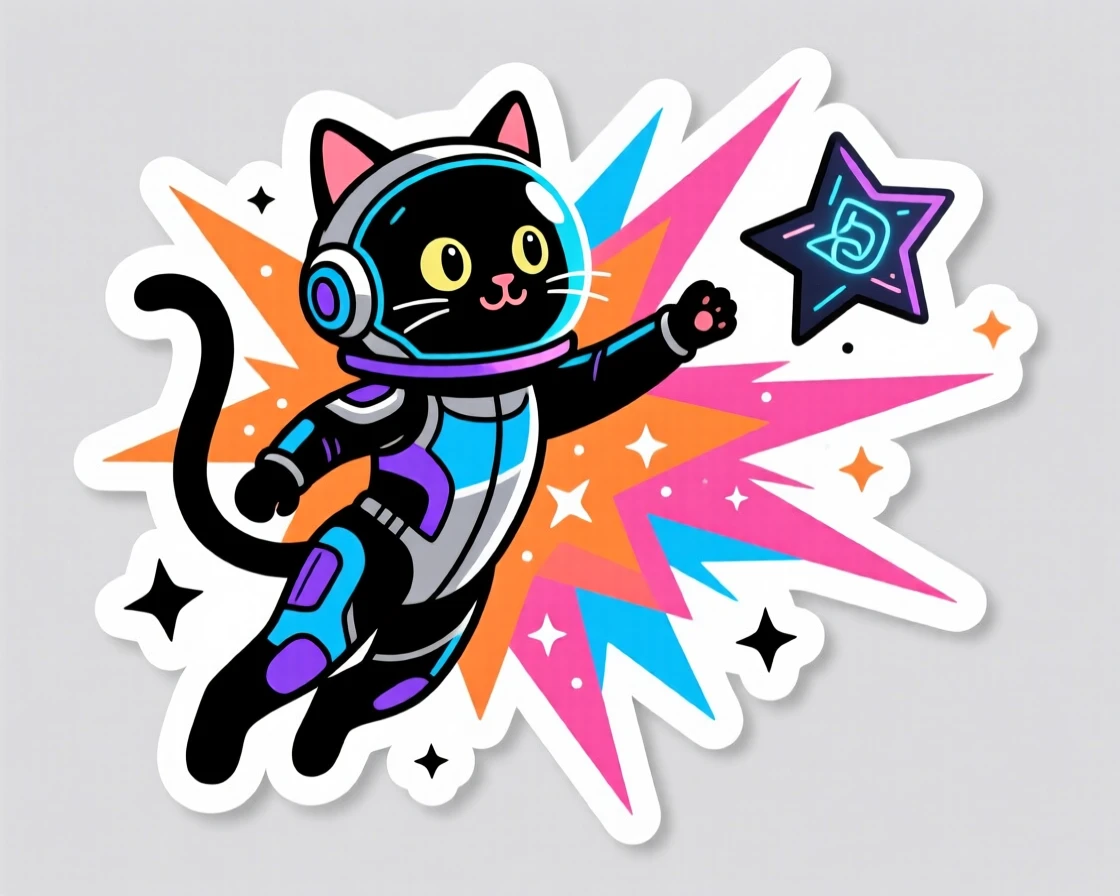 A wildly imaginative space explorer cat floating among the stars, framed by a burst of colorful energy, during a thrilling made-up quest.