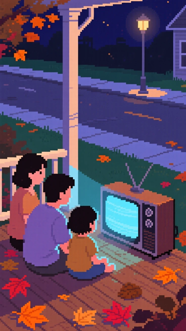 A family gathered around an old television surrounded by fallen leaves on a quiet street, on a porch during a warm summer night.