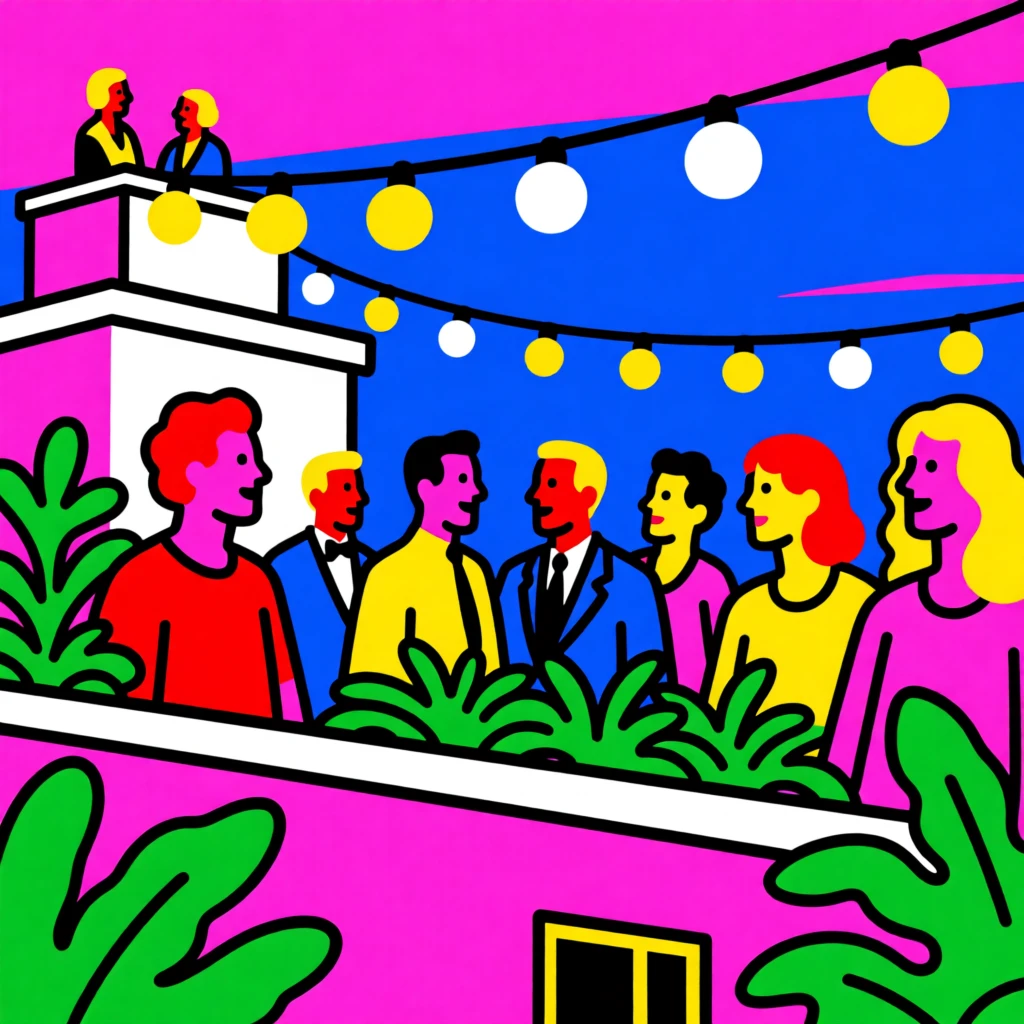 Rooftop garden party with hanging string lights