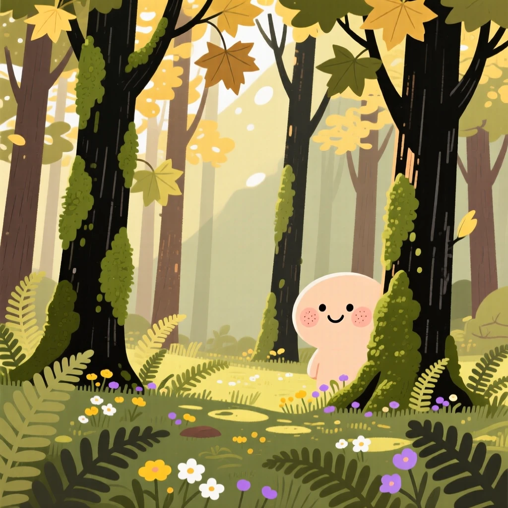 Sunlight filters through a dense woodland of moss-covered maples, casting dappled golden light across a carpet of ferns scattered with patches of wildflowers.